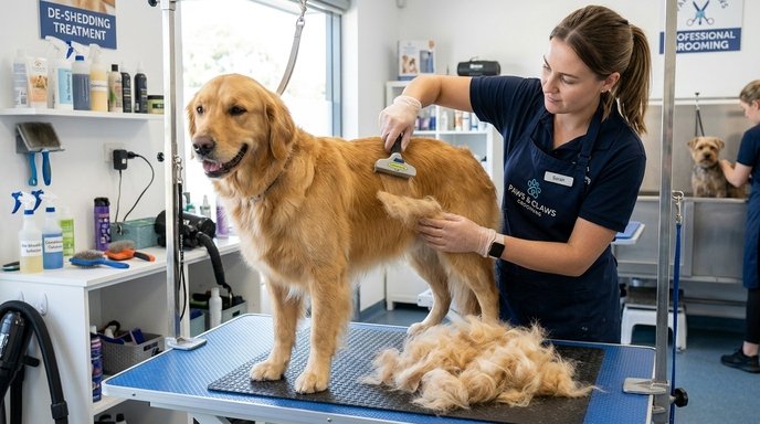 De-shedding treatment being applied to a dog at a professional grooming salon