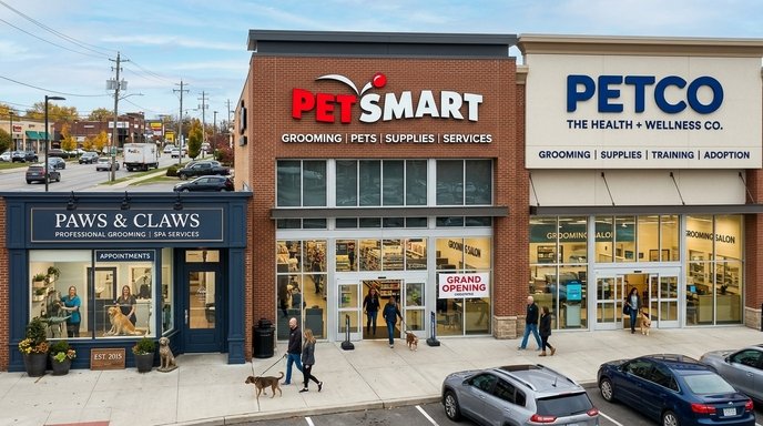 Dog grooming salon compared to a big box pet store grooming service