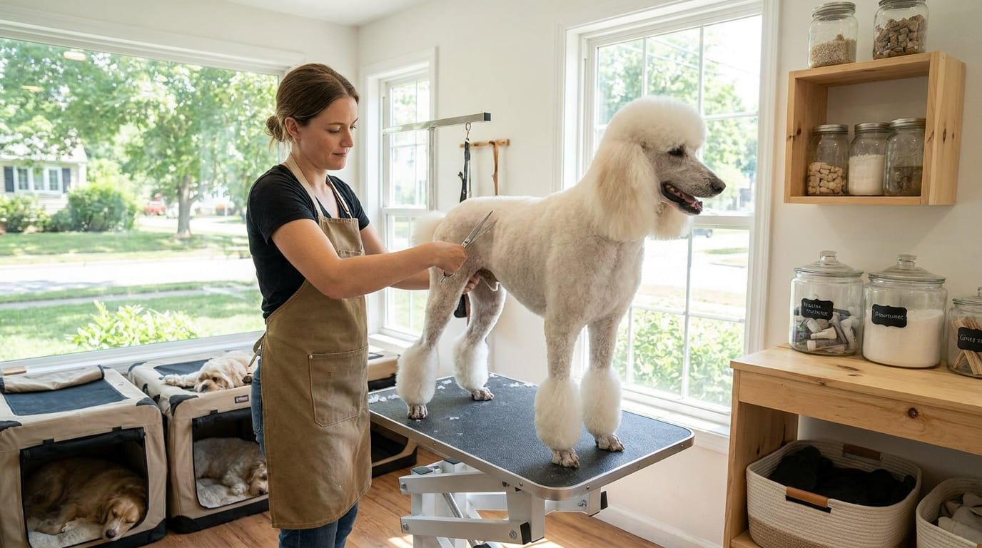 Groomer hand scissoring a poodle's coat during a breed-specific haircut in Maryville, TN