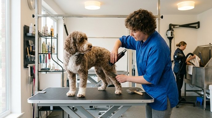 Full dog groom in progress at a professional pet grooming salon
