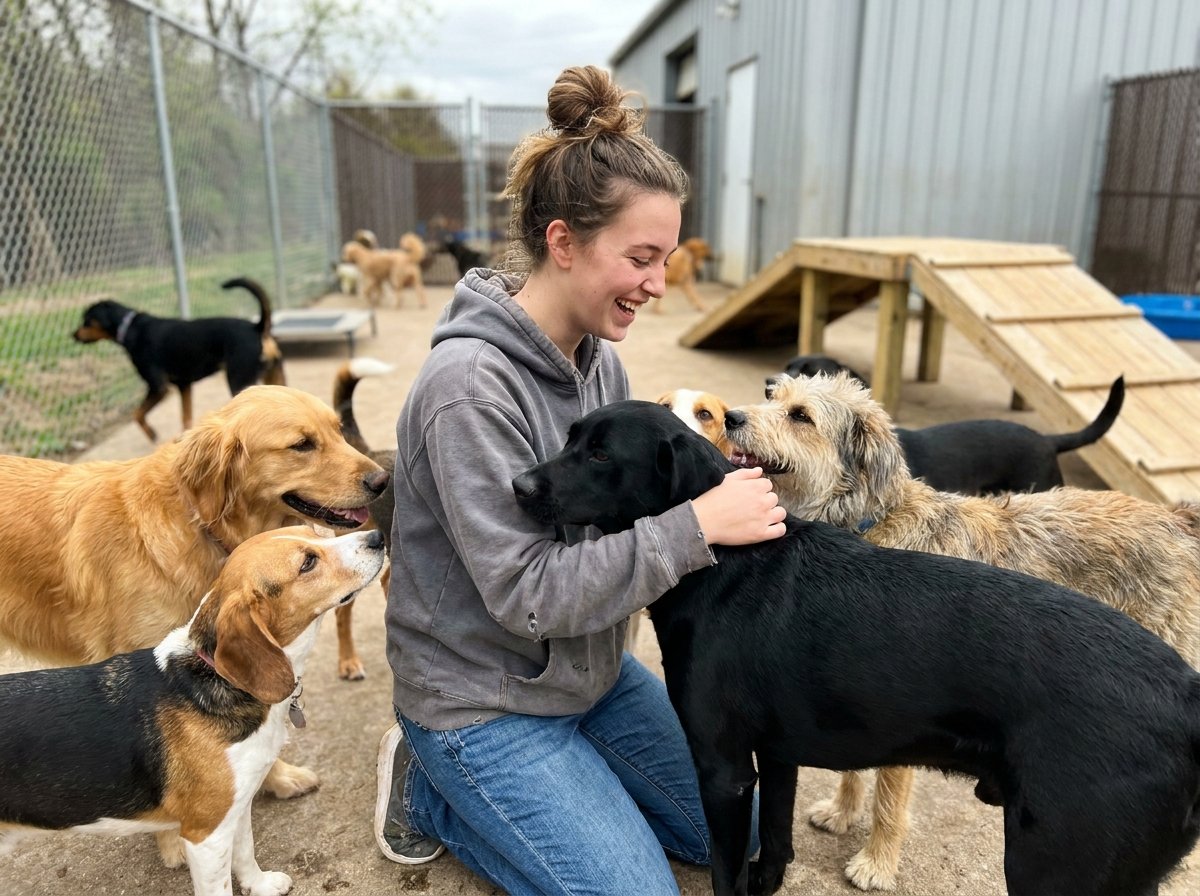 Foothills staff member getting to know a dog's temperament before an overnight boarding stay in Maryville, TN