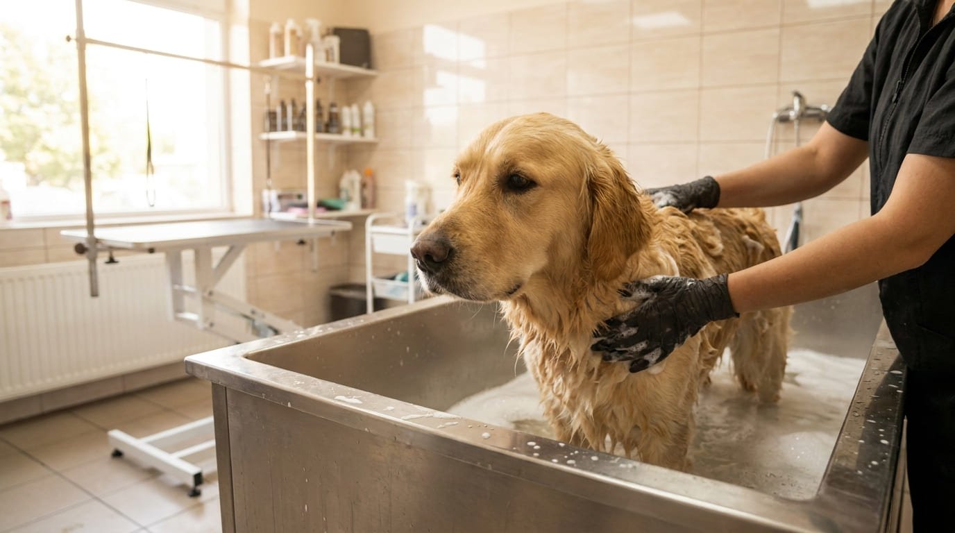 Golden Retriever getting a warm bath during a full groom at a Maryville, TN dog grooming salon