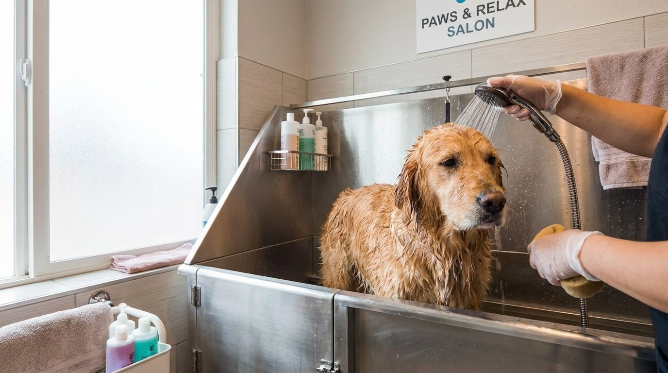 Golden Retriever receiving a bath and coat treatment during dog grooming in Maryville, TN