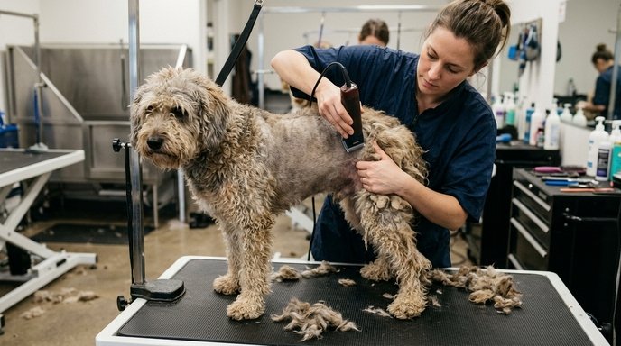 Groomer carefully working through a matted section of a dog's coat