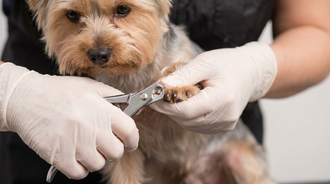Professional dog groomer trimming a dog's nails during a pawdicure in Maryville, TN