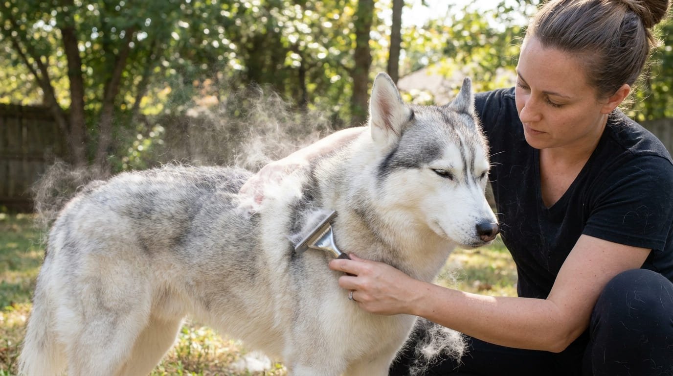 Husky being brushed with a de-shedding tool to remove loose undercoat at a Maryville dog groomer