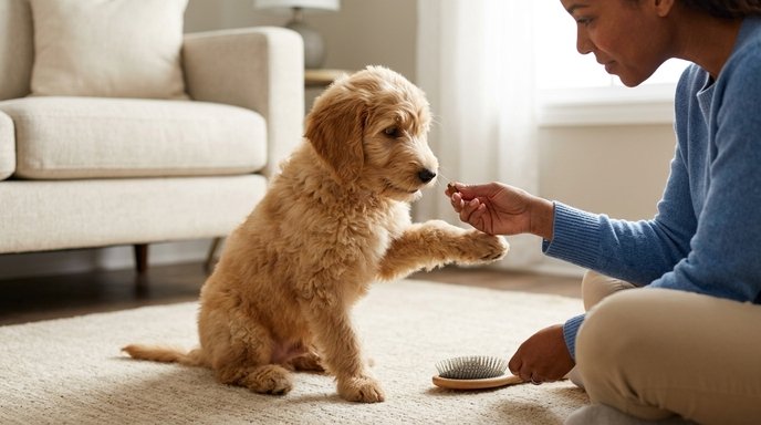 Dog being gently handled during a grooming session