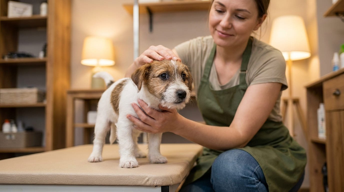 Puppy being gently introduced to the grooming table during a first puppy groom in Maryville, TN