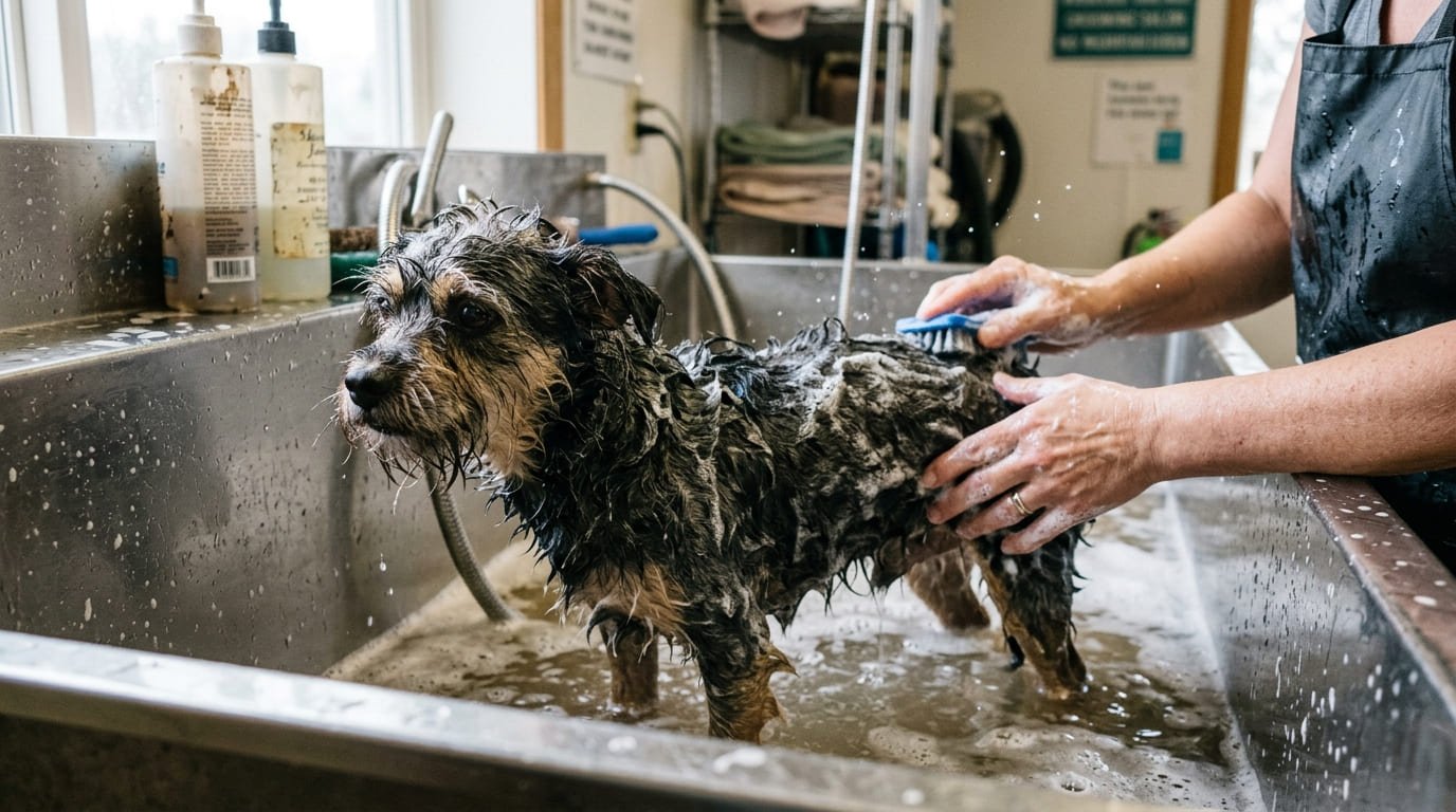 Dog receiving a bath and brush during a grooming appointment for an Alcoa, TN pet