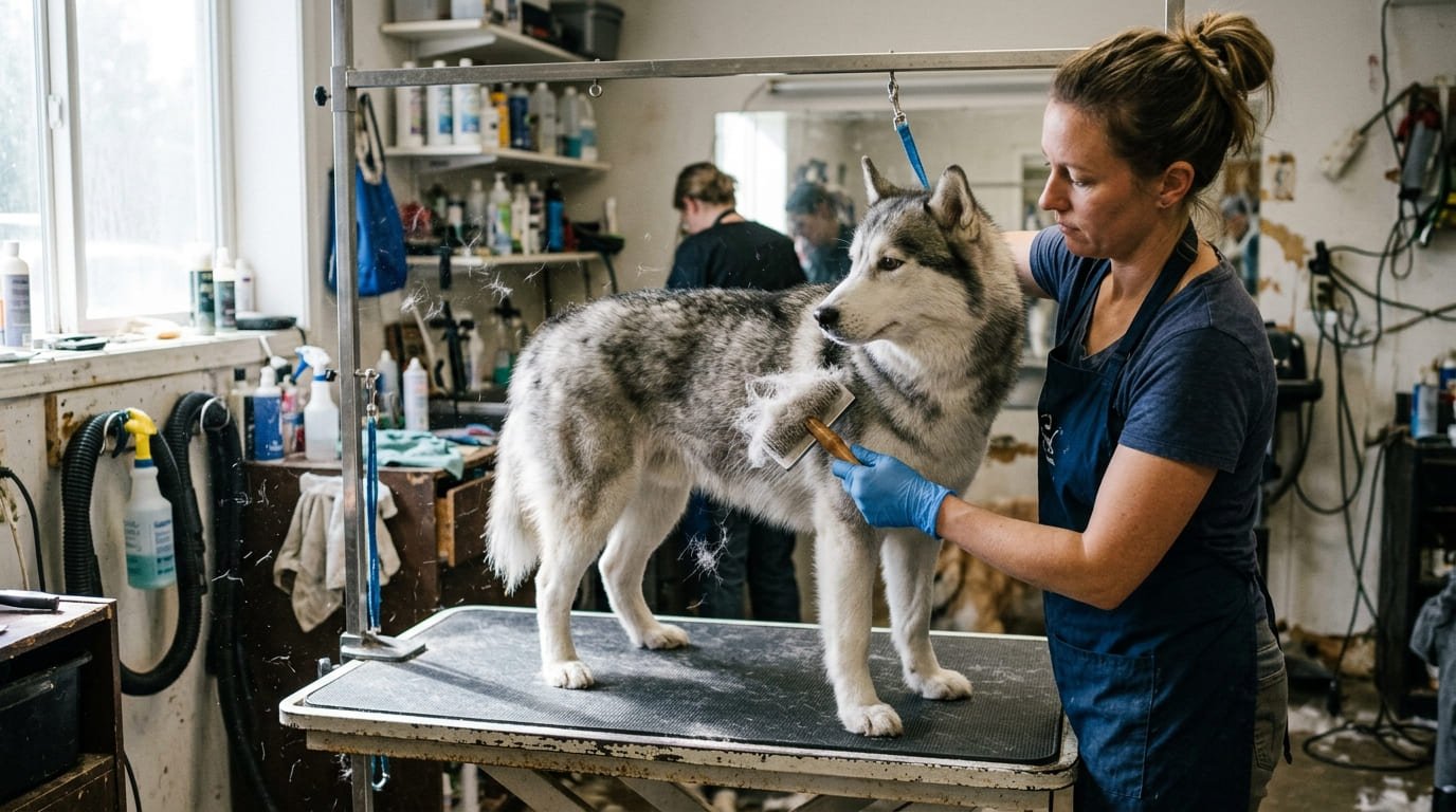 Dog receiving a de-shedding brush treatment for a grooming client from Townsend, TN