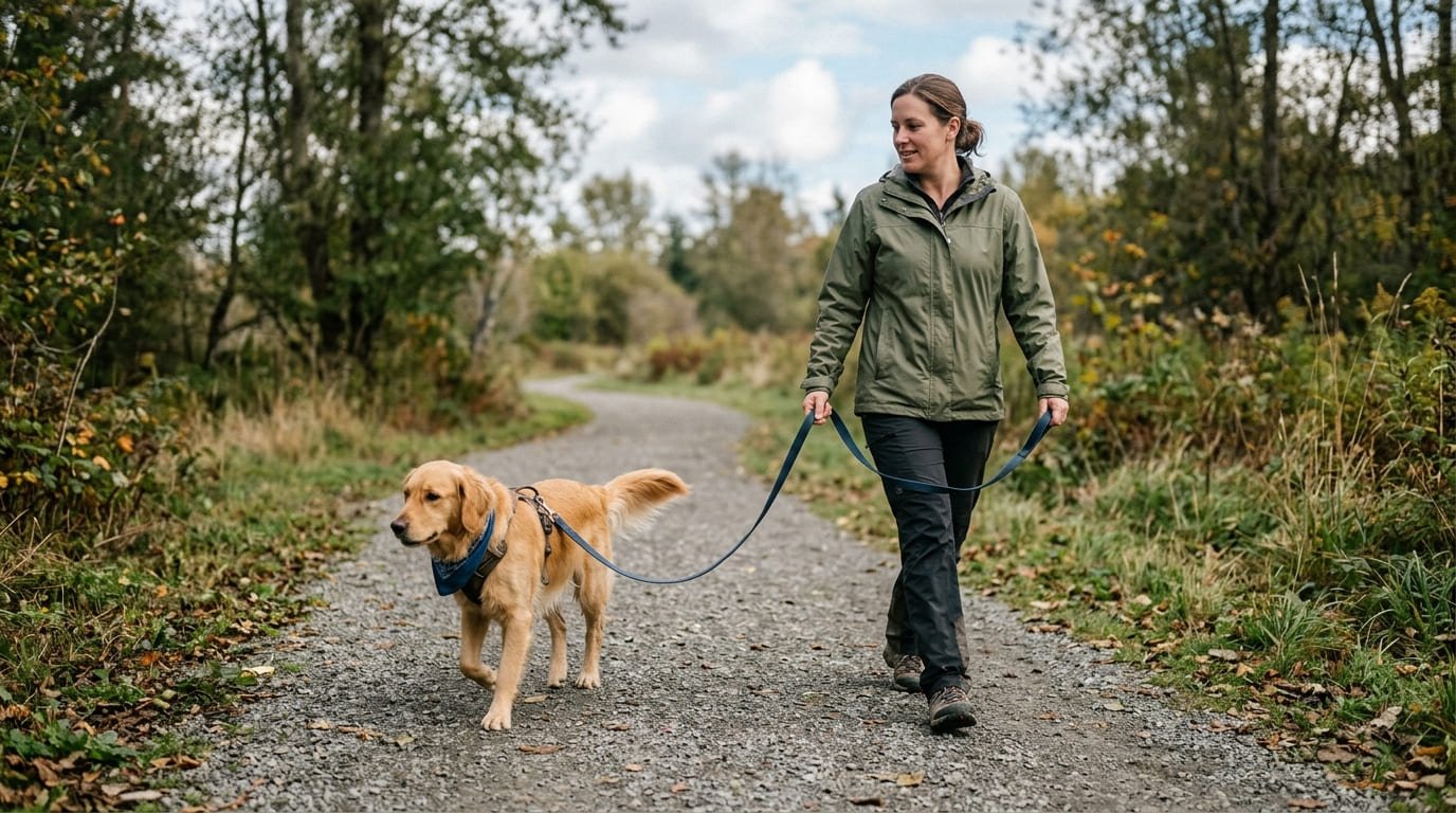 Dog practicing loose-leash walking during obedience training in Maryville, TN