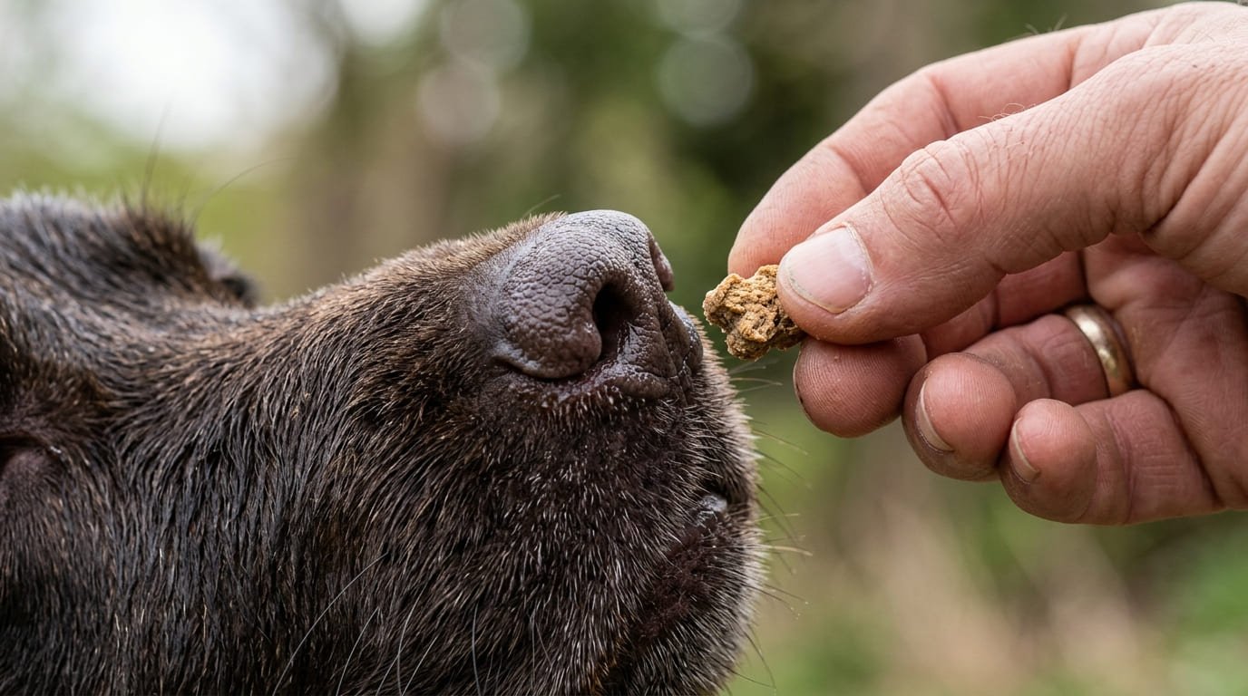 Trainer using positive reinforcement with a treat during a Maryville dog training session