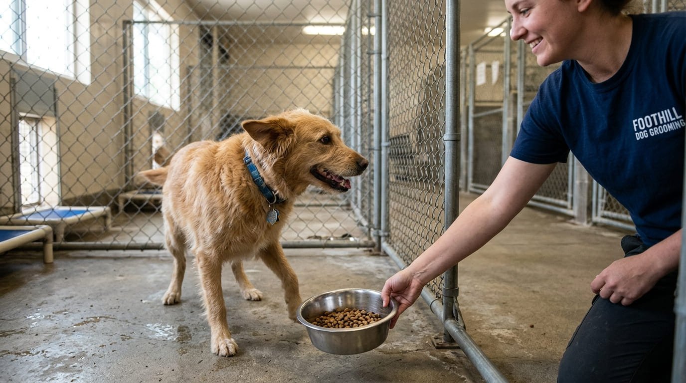 Dog eating a scheduled midday meal during full-day dog day care in Maryville, TN